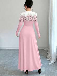 Modelyn Gaun Maxi A-Line Lengan Panjang Leher Bulat Motif Gradien Bunga Elegan untuk Wanita, Musim Semi - MultiWarna - View 2
