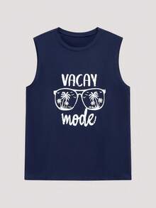 Open Phase Men's Summer Letter & Palm Tree Print Round Neck Casual Tank Top Spring To Summer - Navy Blue - View 1