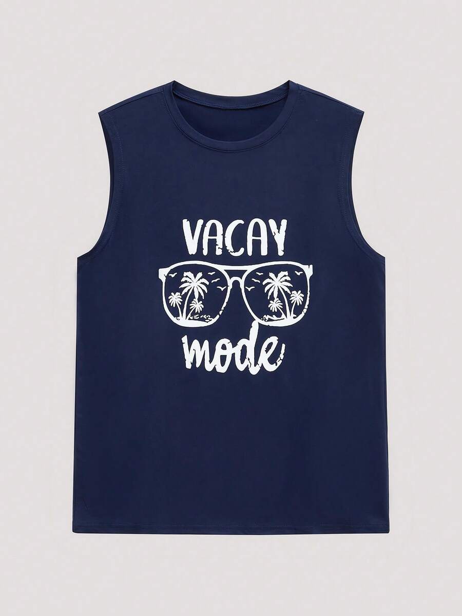 Open Phase Men's Summer Letter & Palm Tree Print Round Neck Casual Tank Top Spring To Summer - Navy Blue - View 1