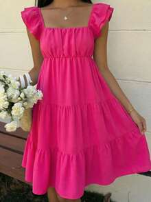 SHEIN Teen Girls Ruched A-Line Casual Vacation Dress - Hot Pink - View 1