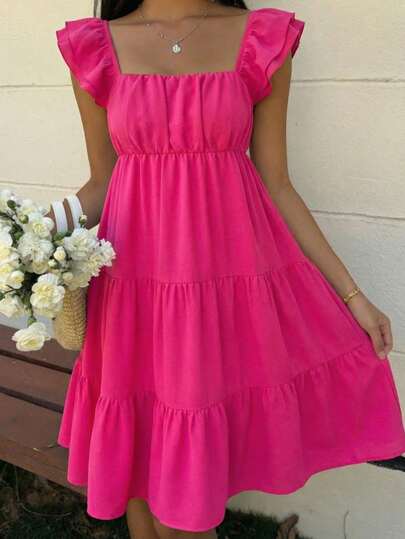 SHEIN 少女褶皱A字休闲度假连衣裙