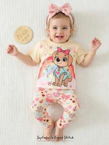 Cozy Pixies 2pcs Baby Girl Animal Print Knit Soft Round Neck Short Sleeve Top And Elastic Waist Pants Set - Multicolor - View 7