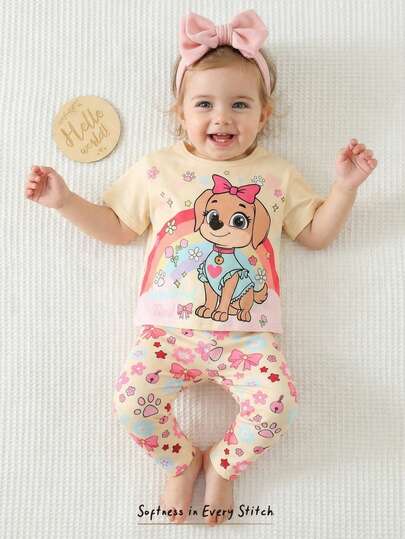 Cozy Pixies 2件套女婴动物印花针织柔软圆领短袖上衣和松紧腰裤套装