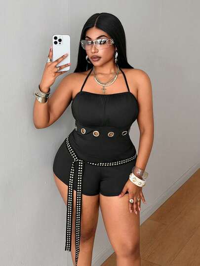 Maweii Plus Size All Black & Silver Hoop Y2K Baddie Style Halter Crop Top And High Waist Shorts With Belt, 2 Pieces Set