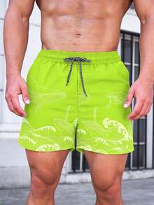 Manfinity KASUA Men's All-Over Print Drawstring Waist Slant Pocket Casual Shorts, Swimwear - Green - View 4