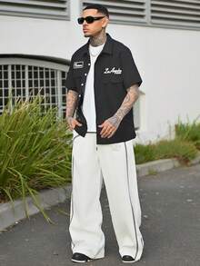 Devon Thys Manfinity Streetrush 男式宽松实用口袋设计休闲衬衫、蓝色纽扣式短袖衬衫、多口袋休闲衬衫、Graphic Los Angeles Reviewer 机械师衬衫 - 黑色 - 查看 4