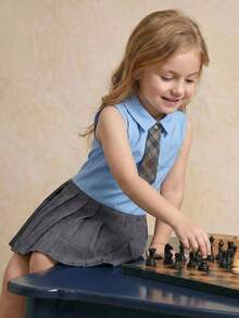 PrepCrw 1 chiếc đầm sơ mi không tay cổ bẻ phối màu xanh dương và xám dáng rộng thanh lịch dễ thương cho bé gái, kèm cà vạt kẻ caro có thể tháo rời, thích hợp mặc hàng ngày, đi học, đi chơi, họp mặt, lễ hội, mùa xuân và mùa hè. - Nhiều màu - Xem 1