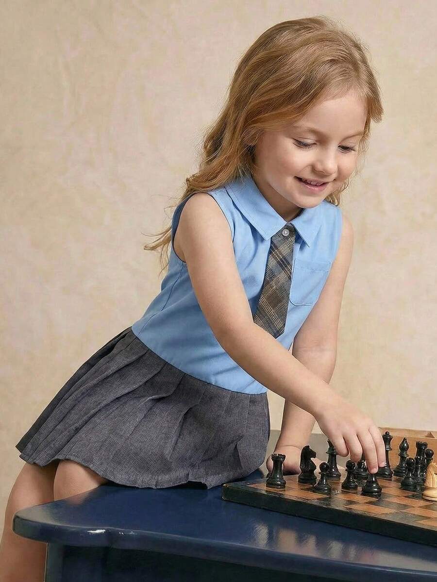 PrepCrw 1 chiếc đầm sơ mi không tay cổ bẻ phối màu xanh dương và xám dáng rộng thanh lịch dễ thương cho bé gái, kèm cà vạt kẻ caro có thể tháo rời, thích hợp mặc hàng ngày, đi học, đi chơi, họp mặt, lễ hội, mùa xuân và mùa hè. - Nhiều màu - Xem 1