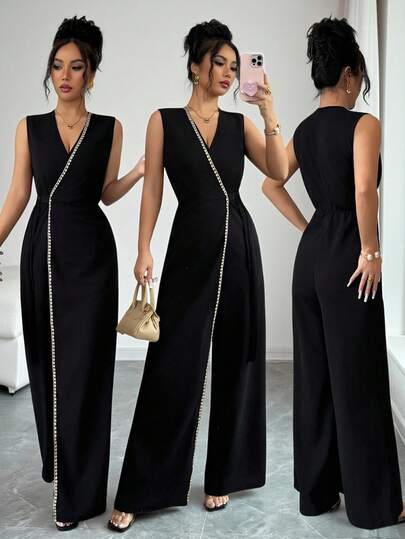SHEIN Elenzya Elegant Black Sleeveless V-Neck Fitted Waist Jumpsuit, Suitable For Commuting, Travel, Party, Minimalist Design
