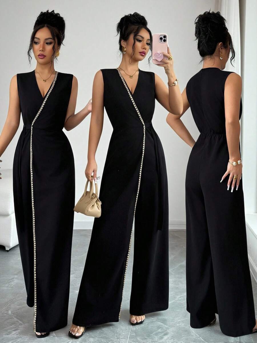 SHEIN Elenzya Elegant Black Sleeveless V-Neck Fitted Waist Jumpsuit, Suitable For Commuting, Travel, Party, Minimalist Design - Black - View 1