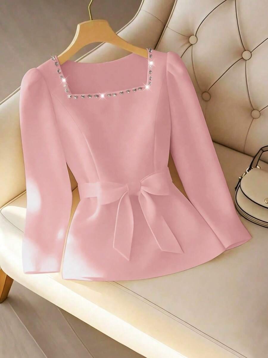 GlowEve CURVE Rhinestone Embellished Square Collar Cute Bow Plus Size Blouse - Dusty Pink - View 1