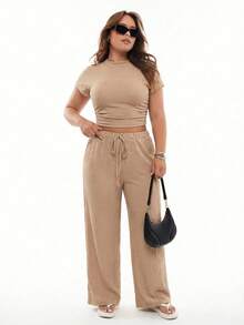 SHEIN EZwear Co-Ords Ukuran Plus Kolor Simpul Lettuce Trim Plaid Plain Casual - Khaki - View 3