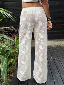 Sunnyshic Women's Apricot Elastic Waist Tie Textured Hollow Paisley Jacquard Loose Casual Pants, Suitable For Bohemian Casual Parties, Music Festivals - Apricot - View 2