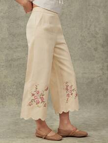 WESTFADE Women's 100 Cotton Pastal Floral Embroidered High-Rise Wide Leg Cropped Pant Scalloped Relaxed Boho Girlisim Western Wear For Autumn Vacation Golf - Apricot - View 4