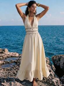 Nevyona 欧美时尚度假休闲褶皱前片花卉蕾丝露背镂空女式夏季无袖连衣裙 - 杏色 - 查看 4