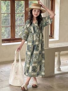 DAZY Tween Girls' V-Neck All-Over Print Casual Jumpsuit For Daily Wear - Green - View 6