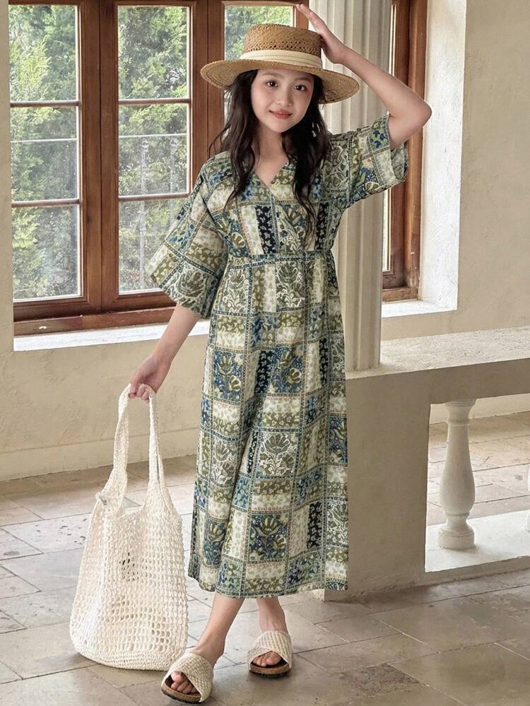 Tween Girls' V-Neck All-Over Print Casual Jumpsuit For Daily Wear Summer