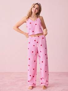 Bonmuse 女士泡泡褶皱条纹爱心印花吊带背心和裤子睡衣套装 - 粉色 - 查看 6