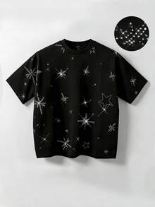 ROMWE MEN 2026春夏新款男士休闲时尚水钻装饰短袖T恤，男女通用情侣圆领T恤 - 黑色 - 查看 2