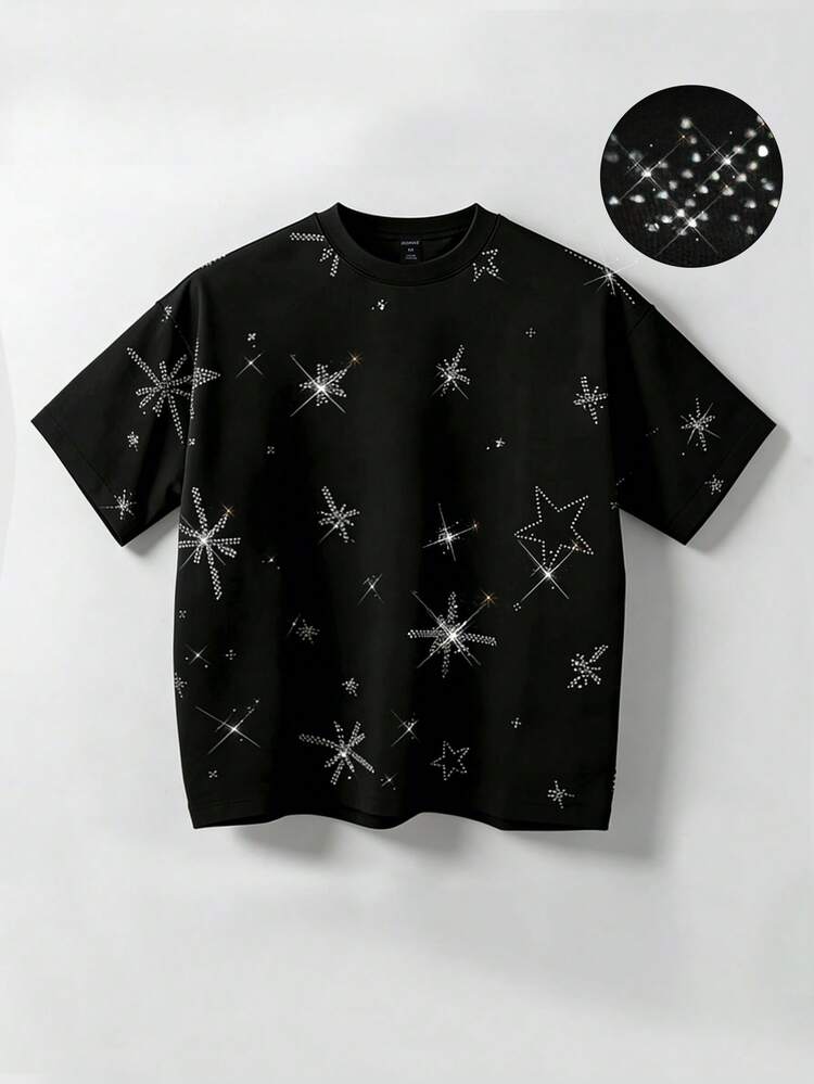 ROMWE MEN 2026春夏新款男士休闲时尚水钻装饰短袖T恤，男女通用情侣圆领T恤 - 黑色 - 查看 2