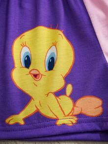 LOONEY TUNES X SHEIN Ensemble t-shirt à manches courtes et short pour bébé fille, style décontracté, imprimé de dessins animés en couleurs contrastées, col rond - Multicolore - Voir 4