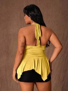 Rustia Plus Size Women Metal Decor Halter Tie Ruffle Hem Fashionable Versatile Casual Top - Yellow - View 2