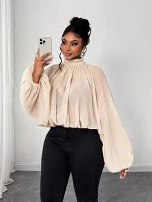 Maweii Plus Size Solid Color Turtleneck Lantern Sleeve Fashionable Cropped Shirt - Apricot - View 5
