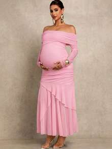 MaterniChic Elegant Solid Color Off-Shoulder Long Sleeve Maternity Dress - Baby Pink - View 6