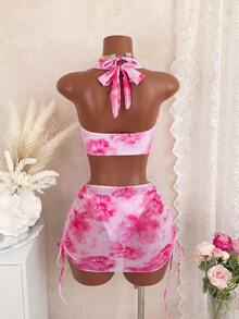 Swim Mod Set de 4 piezas: Top halter con efecto tie-dye y falda ajustado, conjunto casual de playa/vacaciones, primavera/verano - Multicolor - Ver 2