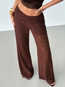 女士棕色低腰蕾丝直筒裤，夏季必备，复古花卉镂空设计，休闲时尚，修身剪裁。女士夏季裤装，波西米亚风长裤，可作泳装罩衫。 - 棕色 - 查看 1