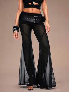 TypaGal Quần ống loe cạp thấp bằng vải lưới xuyên thấu gợi cảm, thời trang dành cho nữ. - màu đen - Xem 6