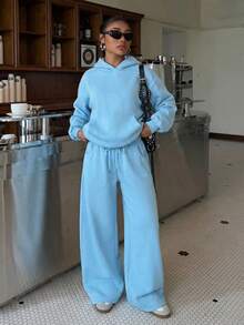 Muchica Blue Women's Autumn/Winter Thermal Lined Hoodie And Relaxed Fit Sweatpants Set - Blue - View 3