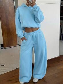 Muchica Blue Women's Autumn/Winter Thermal Lined Hoodie And Relaxed Fit Sweatpants Set - Blue - View 6