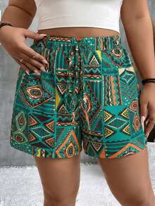 SHEIN VCAY Quần short dáng rộng, in họa tiết hình học nhiều màu sắc, kiểu dáng thường ngày, cỡ lớn. - màu xanh lá - Xem 3