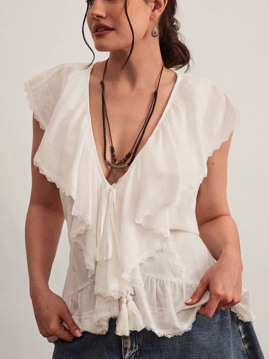 Freevana Bohemian Style White Lace Sleeveless Blouse, V-Neck Drawstring Ruffle Hem Tassel Shirt, Relaxed Loose Flattering Niche Design Top - White - View 1