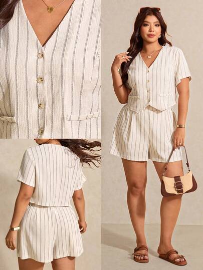 Elaquor Plus Size Summer Casual Striped Shirt And Shorts Set Short Sets For Women Short Sleeve Short Set Plus Size Short Sets Casual Short Sets Vacation Short Sets Spring/Summer Sets For Women Going Out Outfit Sets For Women Spring/Summer Casual Elegant Vacation Sets Women, Summer Outfits