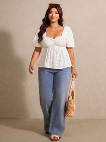 Elaquor 大码女式提花打结露背休闲百搭日常短袖T恤 - 米色 - 查看 3