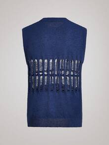 AXEPEAK Men's Solid Color Crew Neck Sleeveless Hollow-Out Knit Top - Blue - View 5