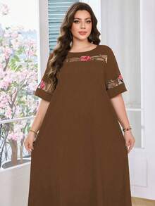 Lacomfia Plus Size Brown Floral Print Round Neck Short Sleeve Dress - Orange - View 5