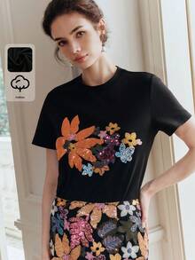 Anewsta 94% Cotton Elegant Women's T-Shirt, Minimalist Commuting Casual Short Sleeve Round Neck Embellished With Sequin Embroidery, Black - Black - View 6