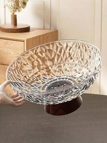 Large Capacity Fruit Plate, Living Room Party Candy Dish, Dessert Plate, Snack Plate, Reusable Faux Wood Grain Base, Drain Hole, Shockproof - Transparent White With Wood Grain Base - View 5