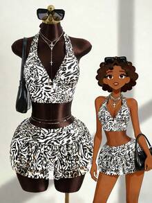 Zestiva Spring/Summer Hot Selling Leopard Print Halter Top + Triangle Bikini Bottom + Drawstring Ruched Hem Skirt 3-Piece Beachwear Set - White - View 1