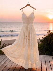 GlowEve Women's Elegant Contrast Lace Pompom Design Maxi Slip Dress - Apricot - View 1