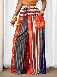 SHEIN BamGlam Pantalones rectos con estampado de rayas de colores para mujer, perfectos para vacaciones en la playa - Verde Oliva - Ver 5