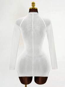 Mistrie 女士新款性感半透明印花长袖连衣裙，网纱丝绸印花，YK2酷女孩风格。 - 白色 - 查看 2