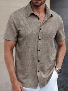 Manfinity Homme Manfinity CasualCool 男士亚麻条纹短袖衬衫，适合夏季日常通勤 - 鏽棕色 - 查看 5