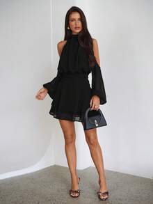 Aloruh Purple-Red Long Sleeve Off-Shoulder Dress, Casual Commuter Elegant Dress With Small Stand Collar, Spring - Black - View 3