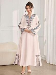 SHEIN Najma Đầm dạ hội lãng mạn sang trọng dành cho nữ, được gia cố bằng hạt cườm và in họa tiết định vị tình cảm. - Màu Hồng baby - Xem 3