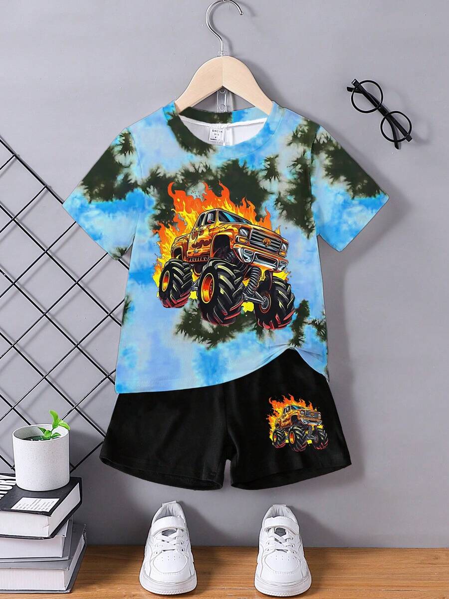 GraphicGems Bộ đồ thể thao thường ngày cho bé trai, phong cách đường phố, in hình xe tải quái vật nhuộm màu tie-dye, gồm áo thun ngắn tay và quần short, thích hợp cho các hoạt động ngoài trời, thể thao, đi học vào mùa hè. - Nhiều màu - Xem 1