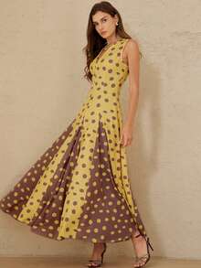 Aveloria Rosie 优雅的法式复古波点深V领无袖收腰撞色下摆连衣裙，适合约会和度假穿着。 - 彩色 - 查看 3